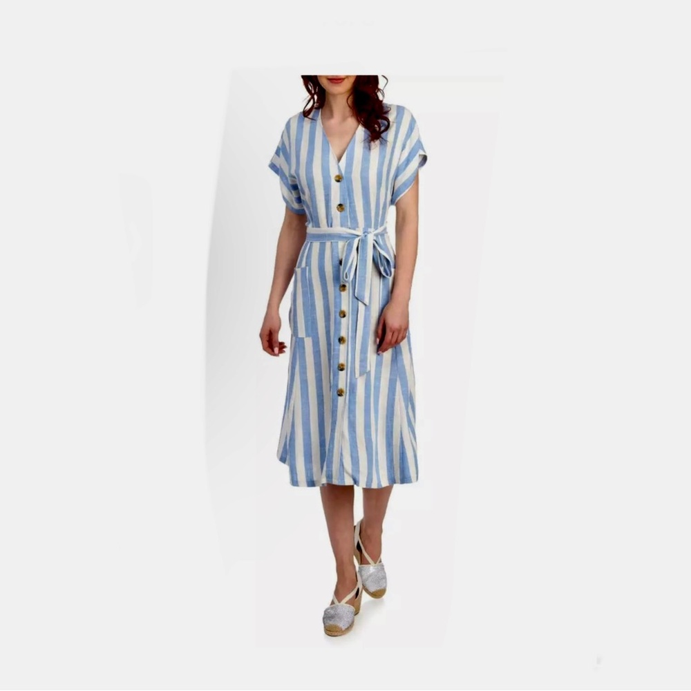 NINA LEONARD WHITE BLUE BELTED COTTON LINEN SHIRT DRESS SUMMER BEACH SIZE 2X